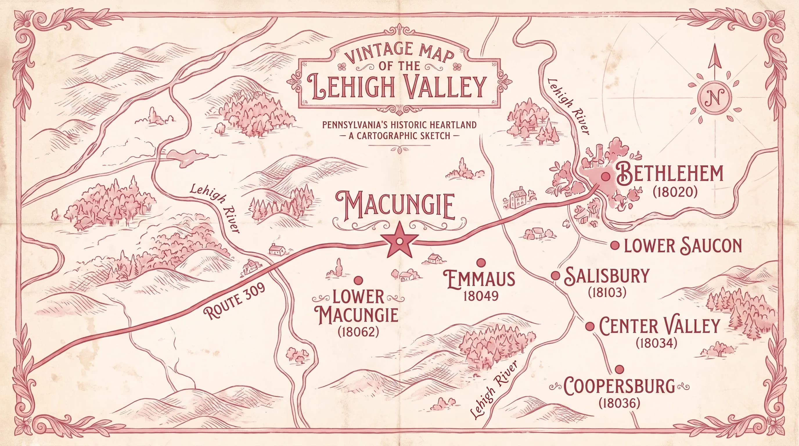 Vintage editorial map of the Lehigh Valley, Pennsylvania, showing Macungie at the center and seven affluent neighborhoods including Center Valley, Coopersburg, Emmaus, Lower Macungie, Bethlehem Township, Salisbury Township, and Lower Saucon Township