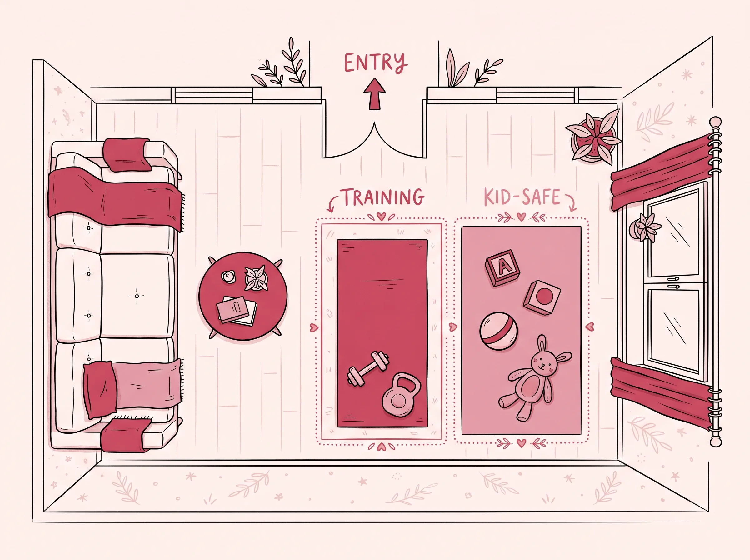 Top-down editorial floorplan illustration showing a living room with the training mat zone and kid-safe zone side by side, with sofa, coffee table, entry door, and window for context