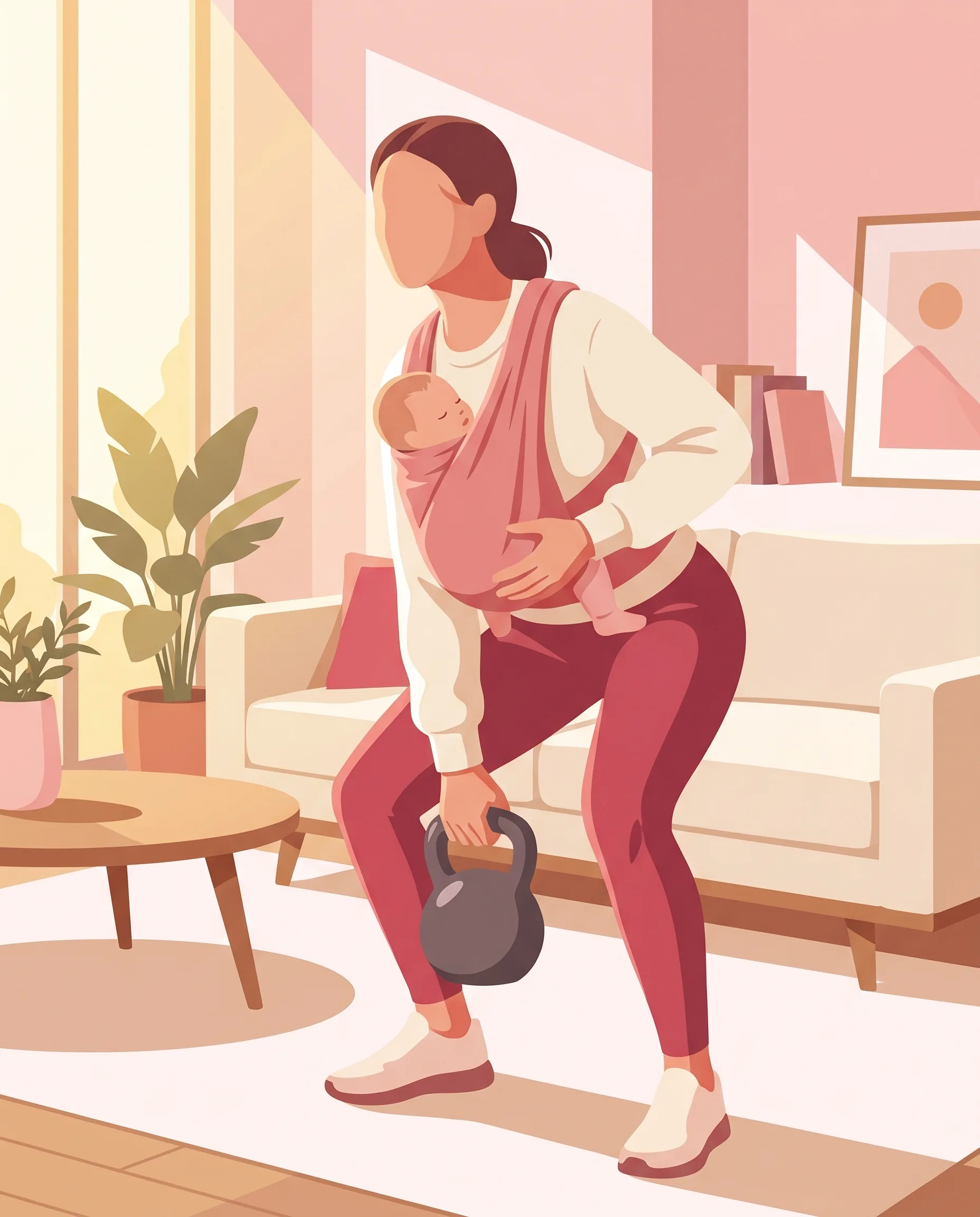 Editorial illustration of a mother deadlifting a kettlebell in her living room with her baby in a chest carrier