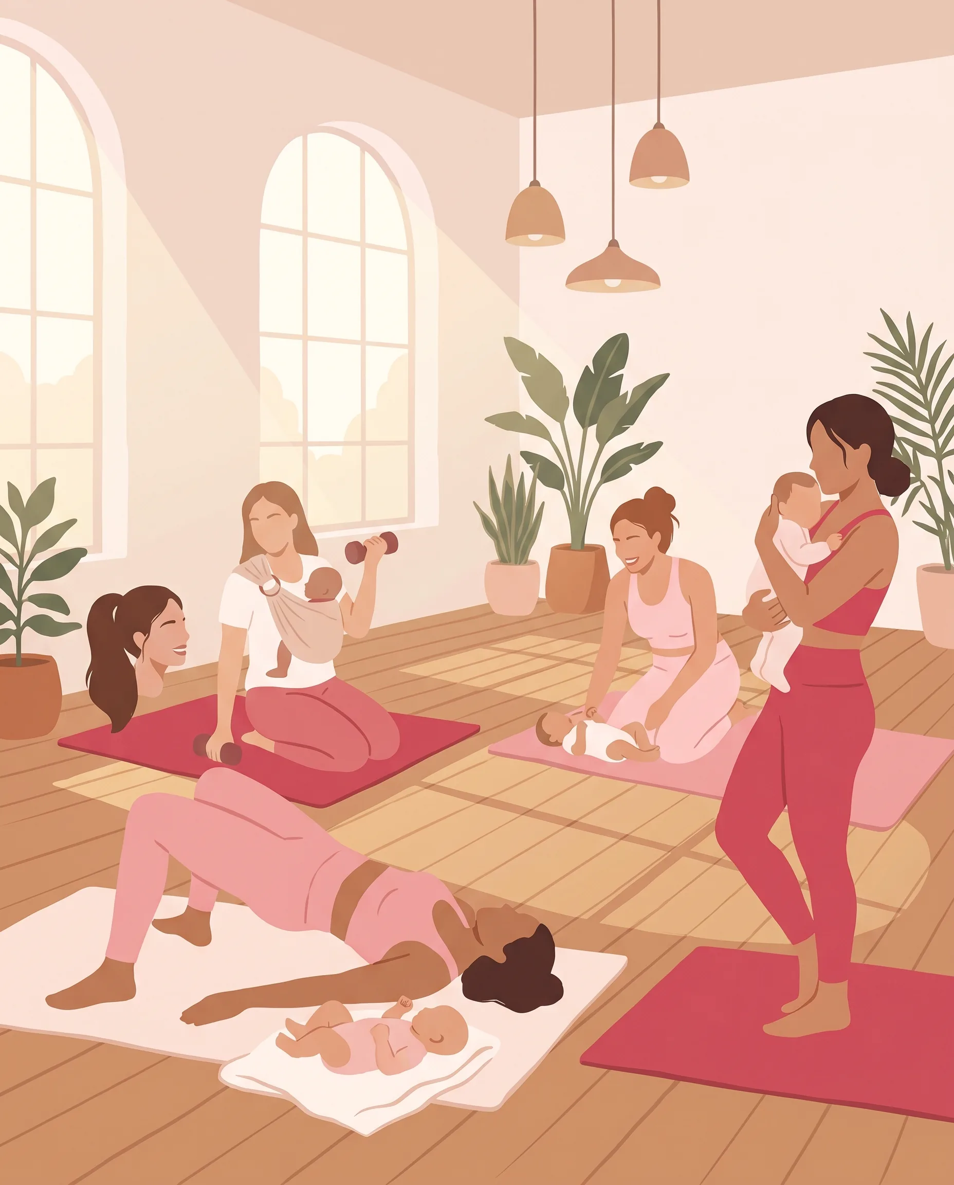 Editorial illustration of four mothers in athleisure with babies in a sunlit community room — some on yoga mats mid-exercise, some bottle-feeding