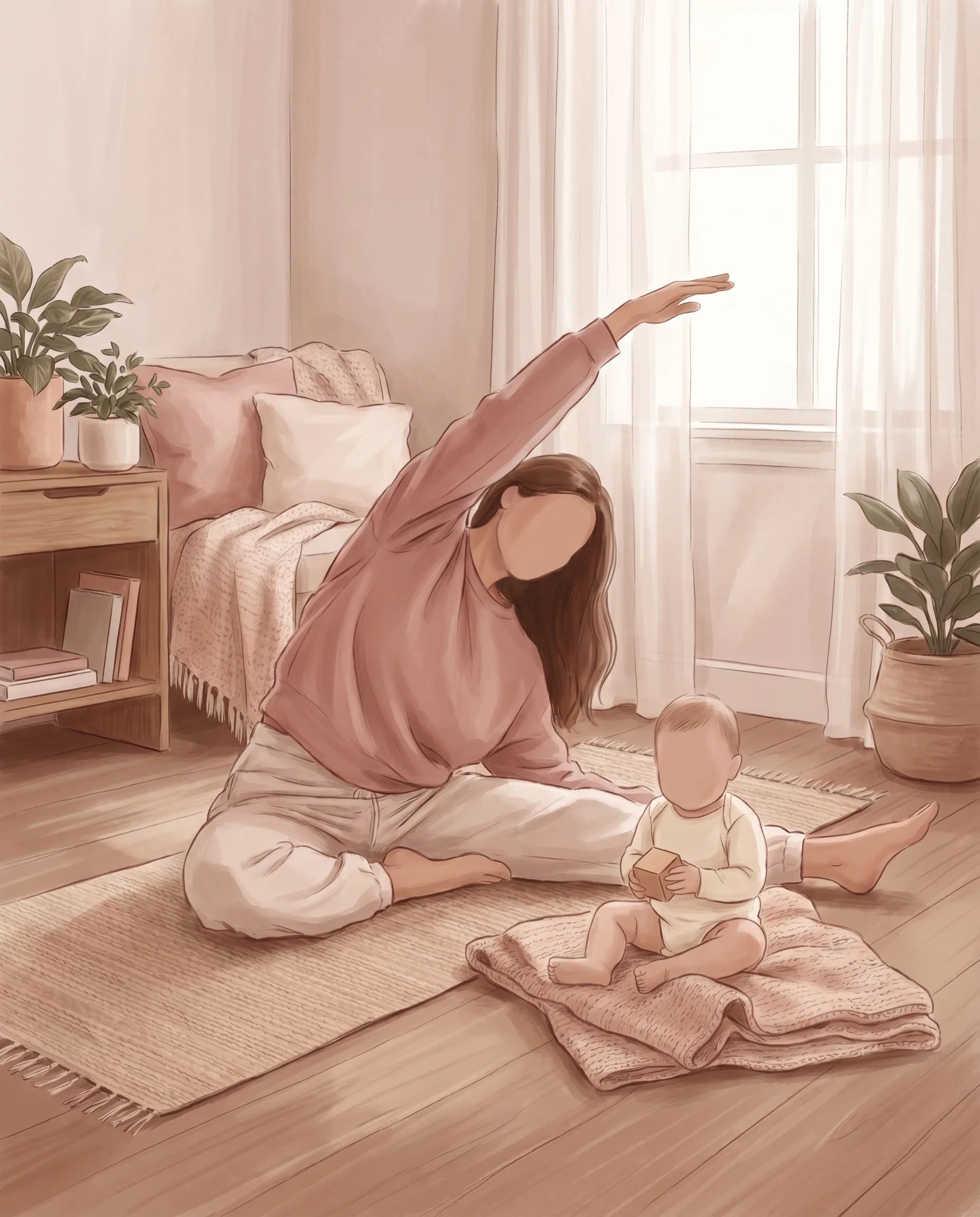 Editorial illustration of a postpartum woman doing a seated side stretch on a yoga mat with her baby sitting calmly nearby on a blanket