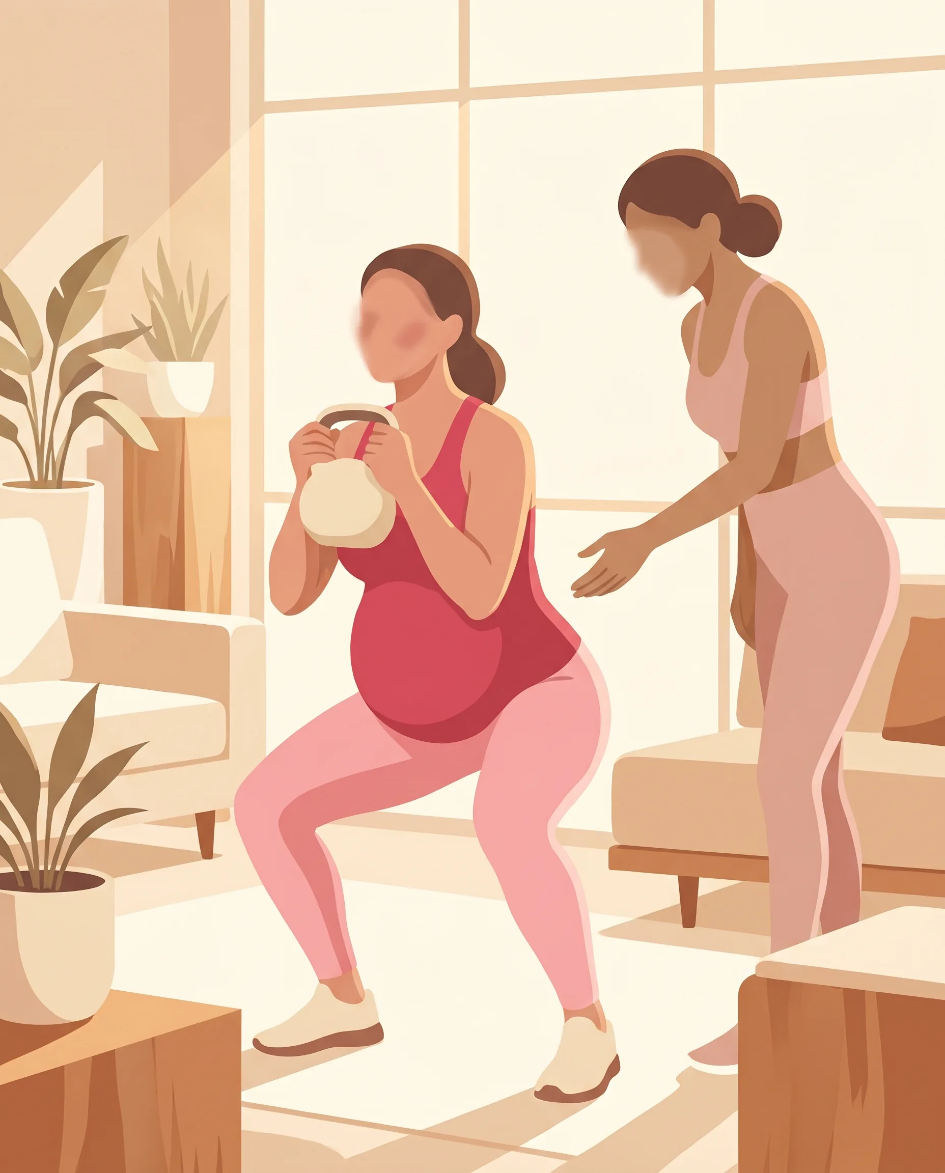 Editorial illustration of a pregnant woman mid-goblet-squat with a kettlebell, coached by a trainer in a bright modern living room